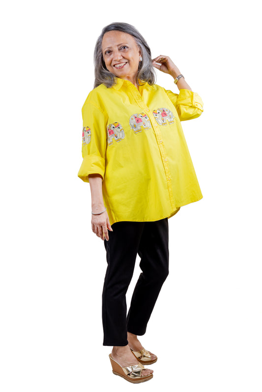 PRIMROSE - Yellow Shirt with Elephant Embroidery 100% Cotton