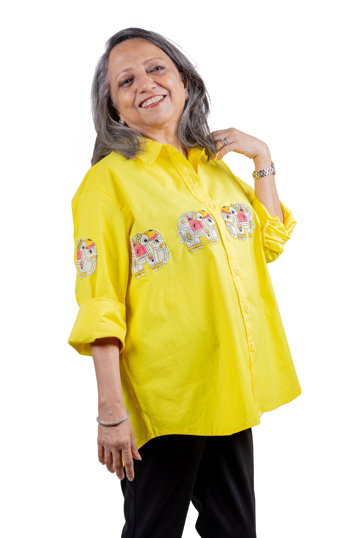 PRIMROSE - Yellow Shirt with Elephant Embroidery 100% Cotton