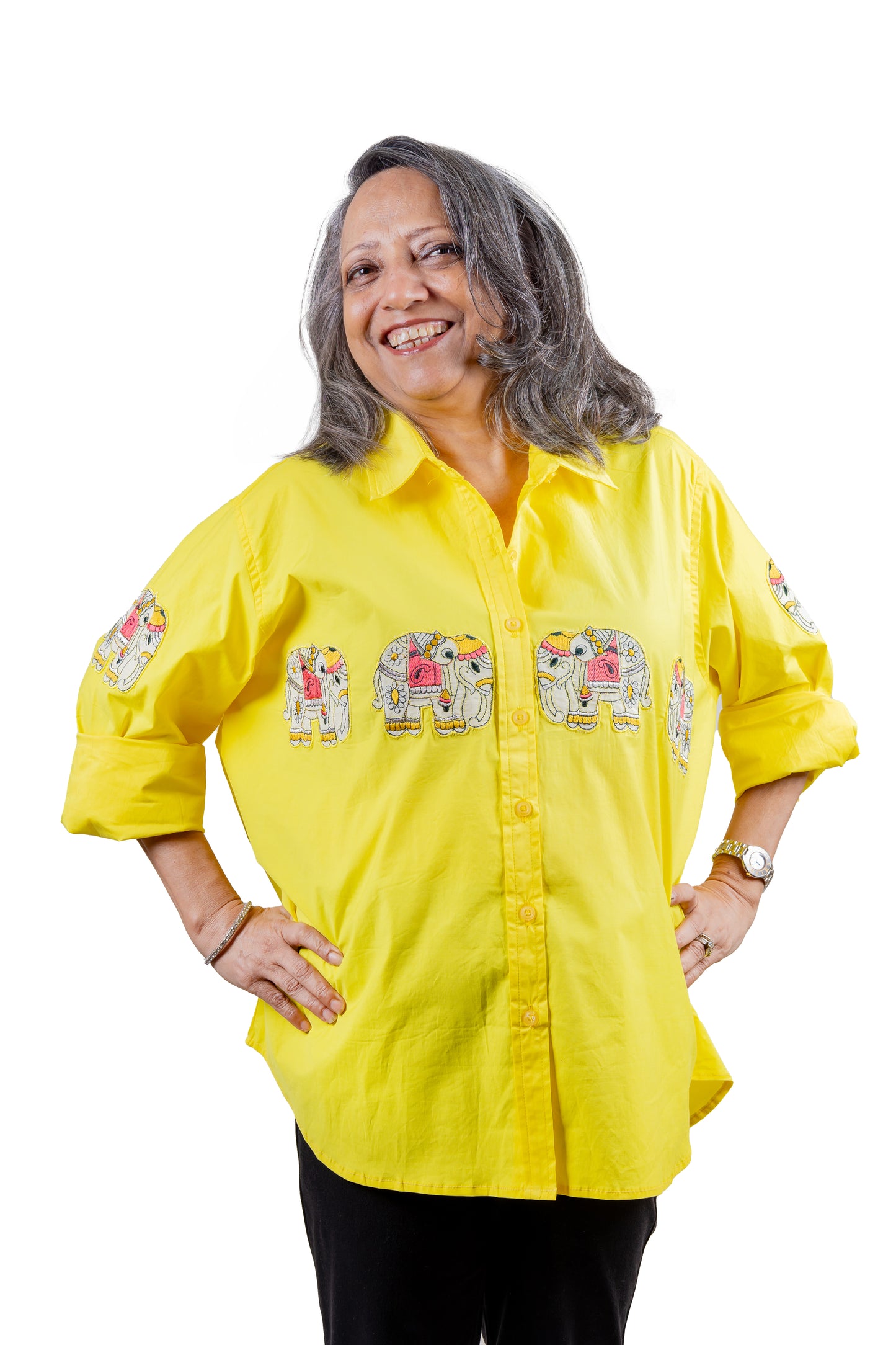 PRIMROSE - Yellow Shirt with Elephant Embroidery 100% Cotton