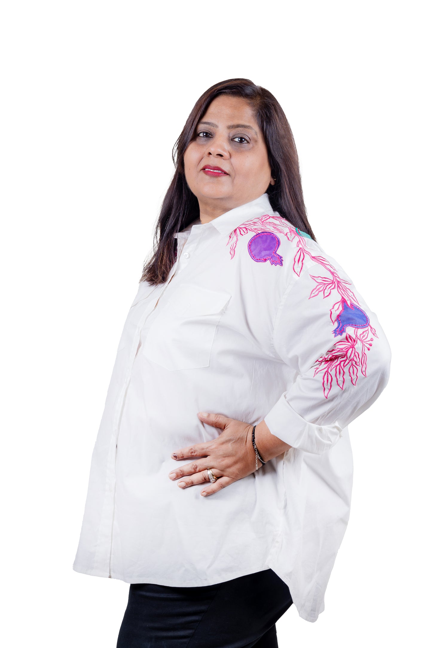 POMEGRANATE - White Shirt with Fruits & Flowers 100% Cotton