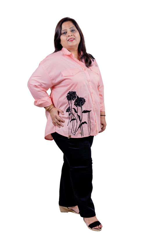 DESERT RAVEN - Pink Shirt with Black Flowers & Tassels 100% Cotton