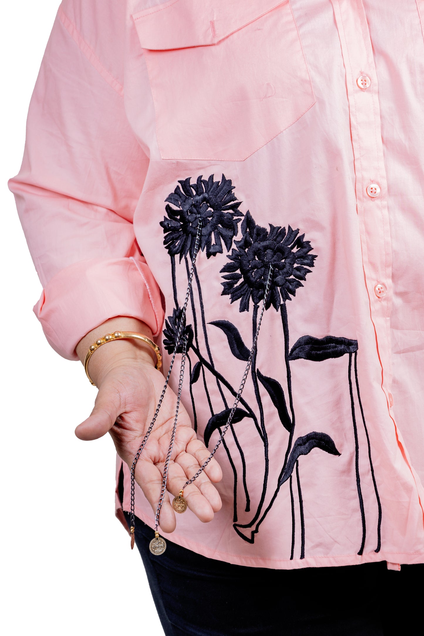 DESERT RAVEN - Pink Shirt with Black Flowers & Tassels 100% Cotton