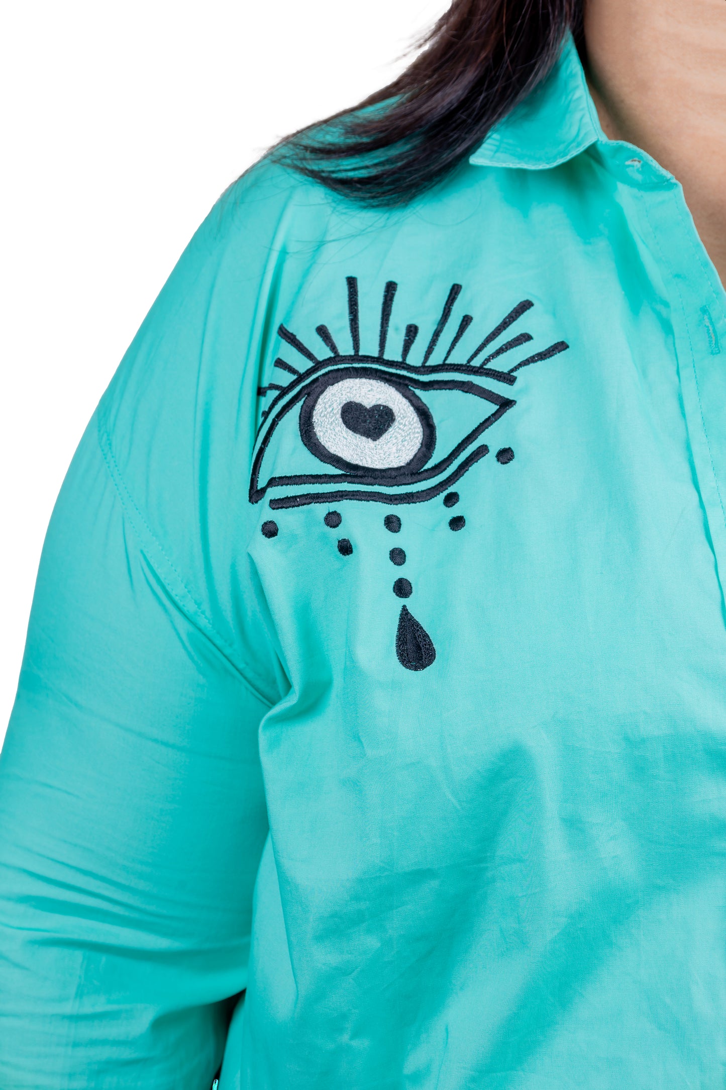 NAZAR NA LAGE - Blue Shirt with Evil Eye Embroidery Pattern 100% Cotton