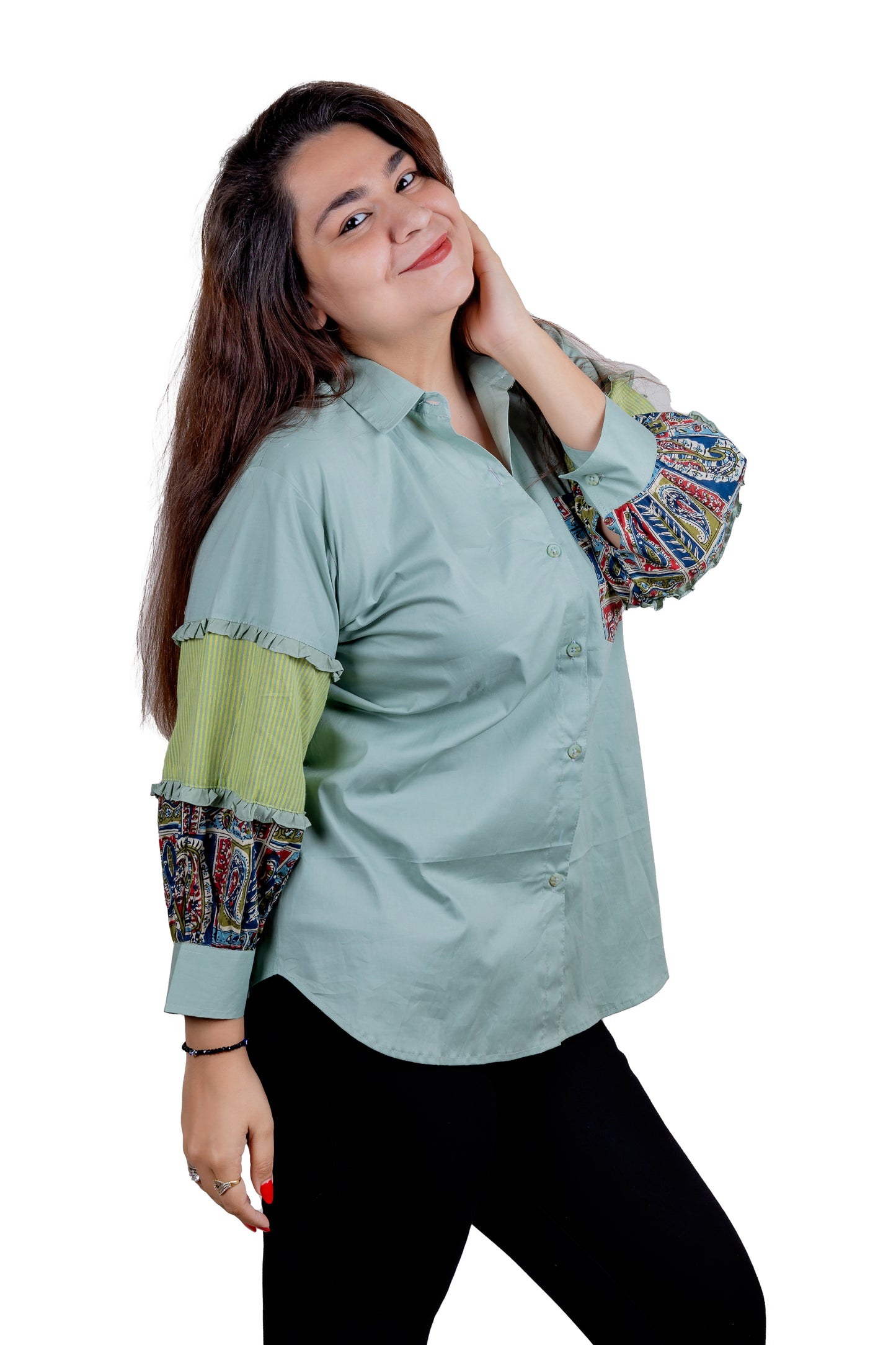 JODHPUR - Green Shirt with Patchwork Pattern 100% Cotton