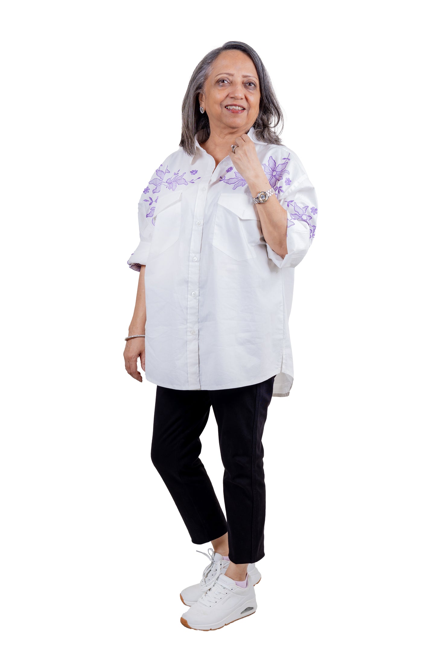 IRIS - White Shirt with Lavender Embroidery 100% Cotton