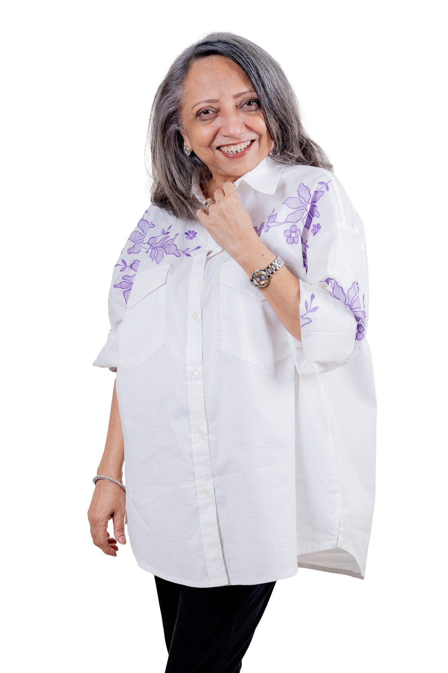 IRIS - White Shirt with Lavender Embroidery 100% Cotton