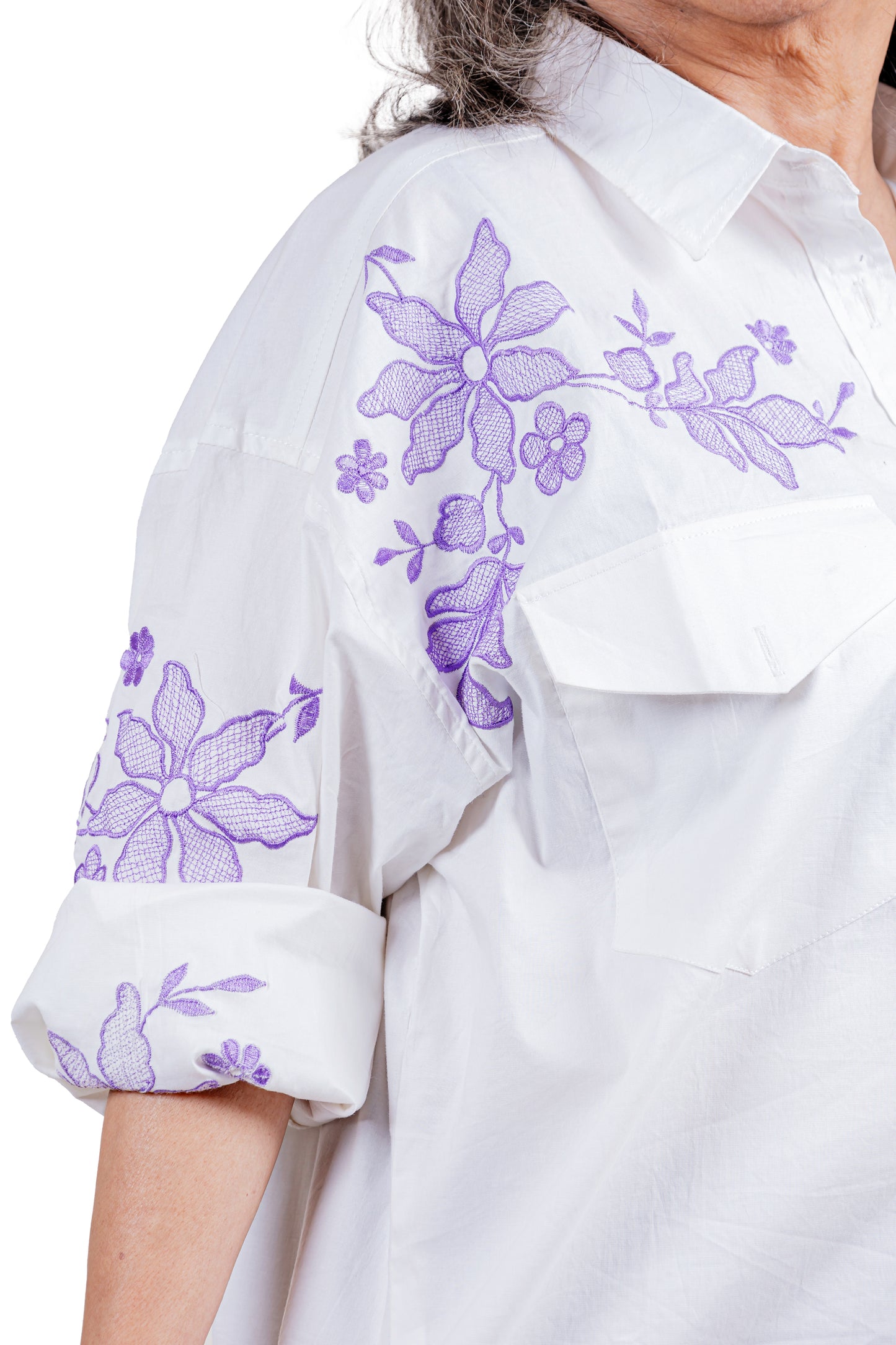 IRIS - White Shirt with Lavender Embroidery 100% Cotton